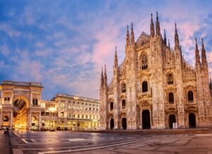 Milan Cathedral and Galleria Vittorio Emanuele II at Sunset Milan Cathedral and Galleria Vittorio Emanuele II illuminated at sunset in Piazza del Duomo, Milan, Italy.